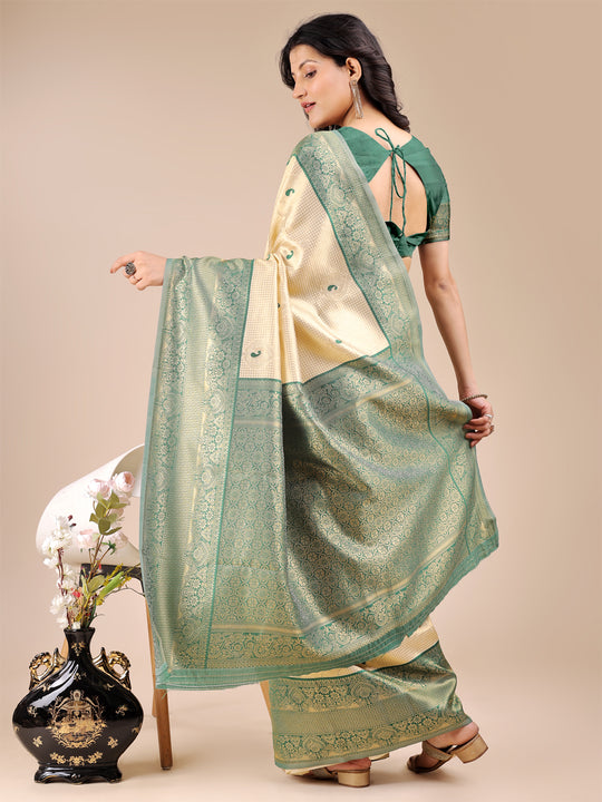 Cream & Green Banarasi Silk Saree With Blouse Piece