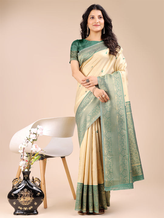 Cream & Green Banarasi Silk Saree With Blouse Piece