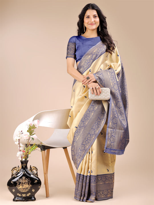 Cream & Navy Blue Banarasi Silk Saree With Blouse Piece