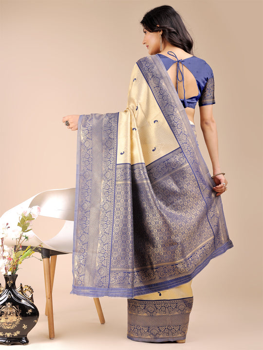 Cream & Navy Blue Banarasi Silk Saree With Blouse Piece