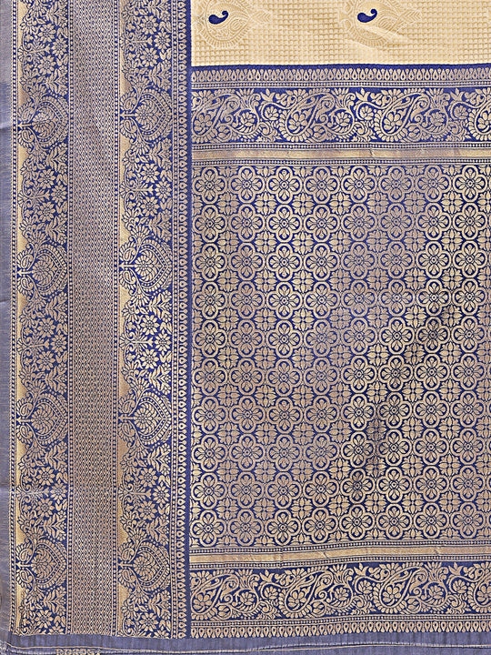 Cream & Navy Blue Banarasi Silk Saree With Blouse Piece
