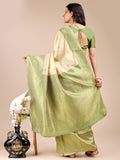 Cream & Light Green Banarasi Silk Saree With Blouse Piece