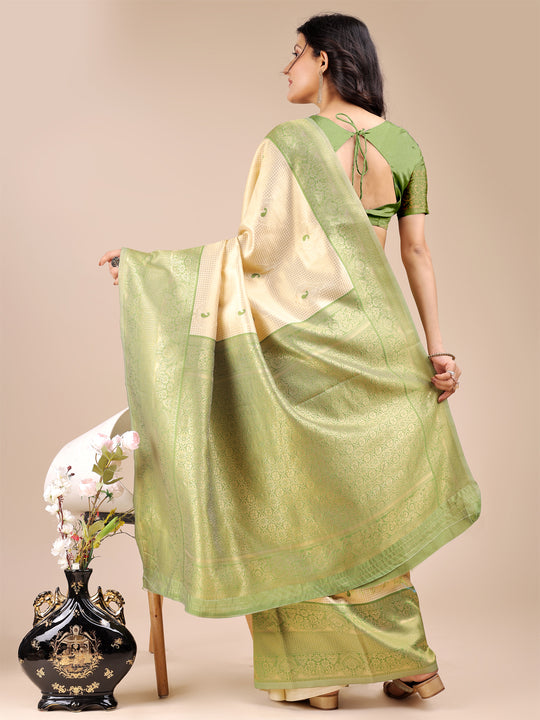 Cream & Light Green Banarasi Silk Saree With Blouse Piece