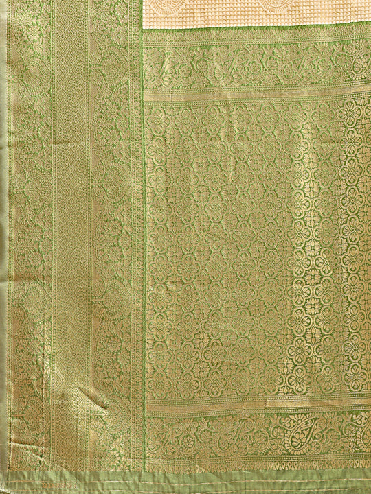 Cream & Light Green Banarasi Silk Saree With Blouse Piece