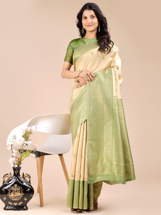 Cream & Light Green Banarasi Silk Saree With Blouse Piece