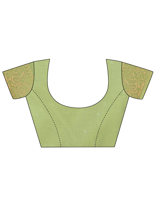 Cream & Light Green Banarasi Silk Saree With Blouse Piece
