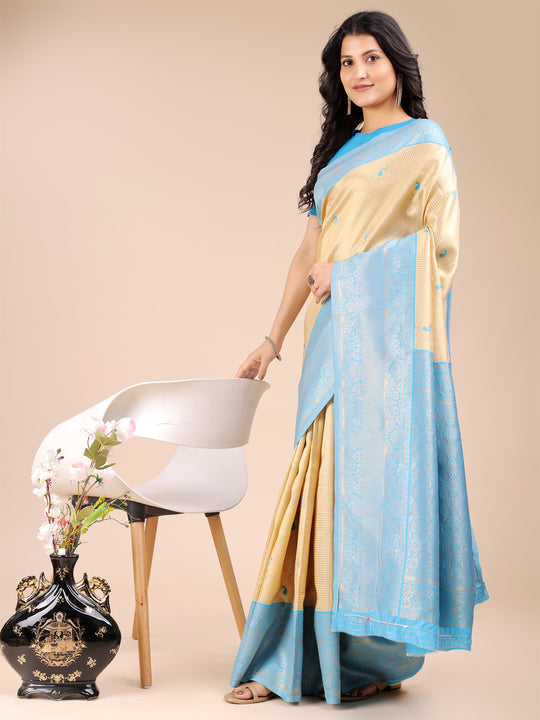 Cream & Sky Blue Banarasi Silk Saree With Blouse Piece