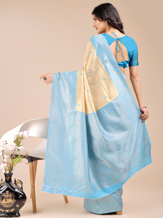 Cream & Sky Blue Banarasi Silk Saree With Blouse Piece