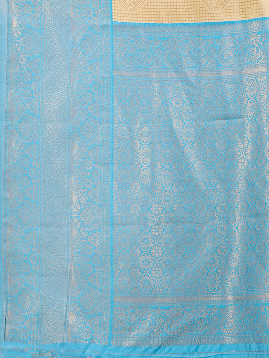 Cream & Sky Blue Banarasi Silk Saree With Blouse Piece