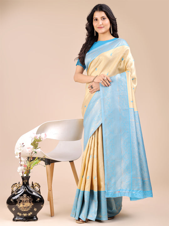 Cream & Sky Blue Banarasi Silk Saree With Blouse Piece