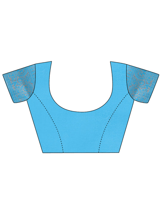 Cream & Sky Blue Banarasi Silk Saree With Blouse Piece