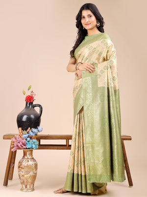 Cream & Light Green Banarasi Silk Saree With Blouse Piece