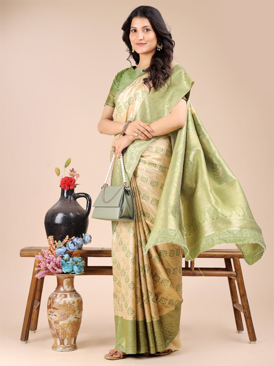 Cream & Light Green Banarasi Silk Saree With Blouse Piece