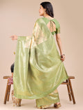 Cream & Light Green Banarasi Silk Saree With Blouse Piece