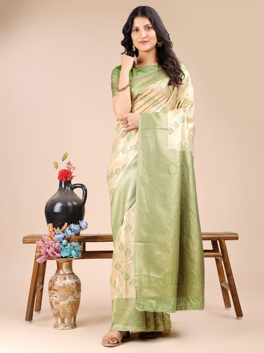 Cream & Light Green Banarasi Silk Saree With Blouse Piece