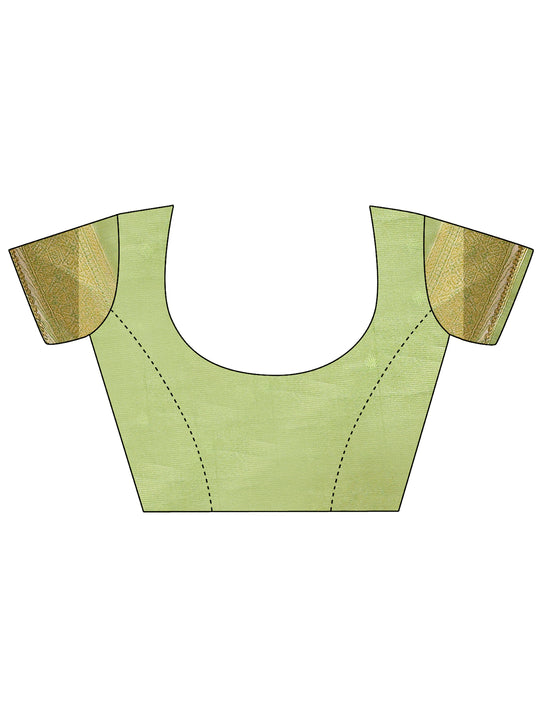 Cream & Light Green Banarasi Silk Saree With Blouse Piece