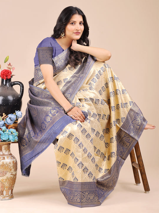 Cream & Navy Blue Banarasi Silk Saree With Blouse Piece