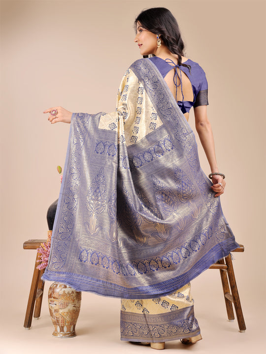 Cream & Navy Blue Banarasi Silk Saree With Blouse Piece
