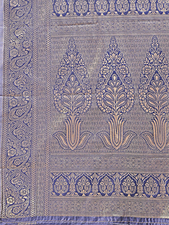 Cream & Navy Blue Banarasi Silk Saree With Blouse Piece