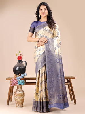 Cream & Navy Blue Banarasi Silk Saree With Blouse Piece