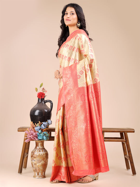 Cream & Red Banarasi Silk Saree With Blouse Piece