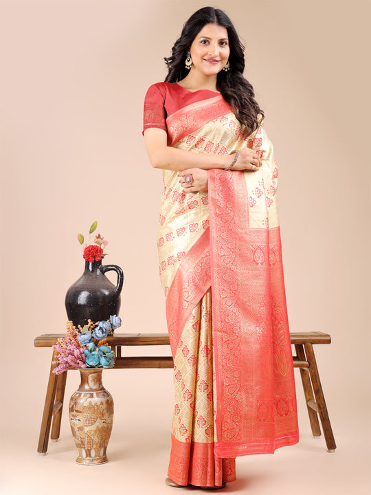 Cream & Red Banarasi Silk Saree With Blouse Piece