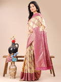 Cream & Magenta Banarasi Silk Saree With Blouse Piece