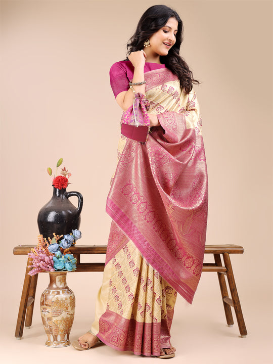 Cream & Magenta Banarasi Silk Saree With Blouse Piece