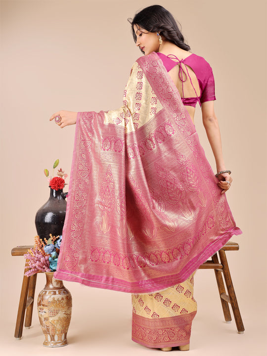Cream & Magenta Banarasi Silk Saree With Blouse Piece