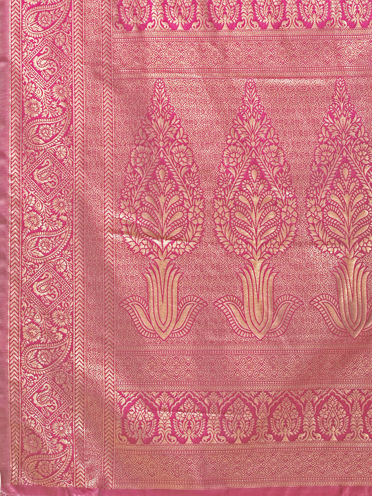 Cream & Magenta Banarasi Silk Saree With Blouse Piece