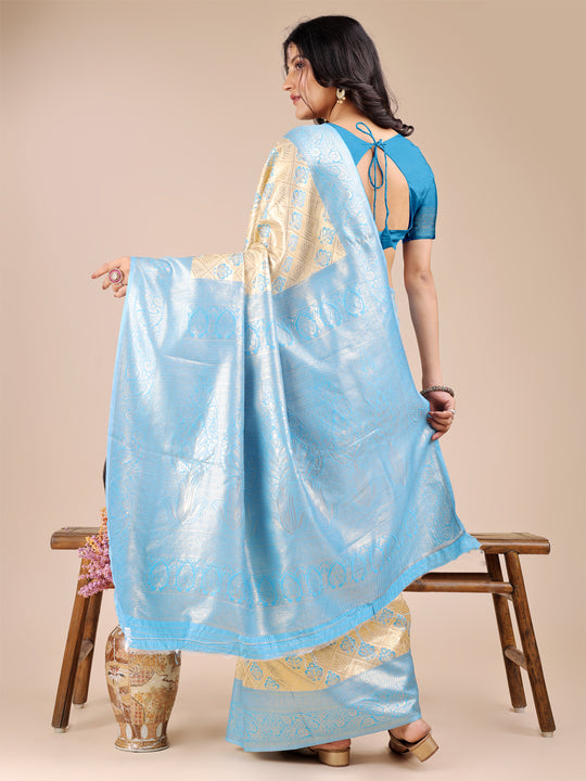 Cream & Sky Blue Banarasi Silk Saree With Blouse Piece