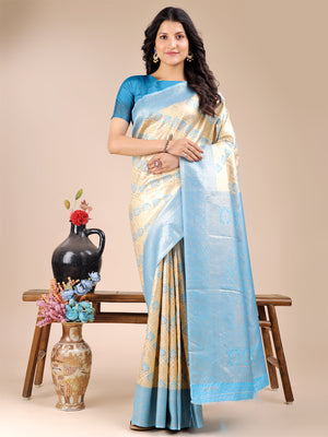 Cream & Sky Blue Banarasi Silk Saree With Blouse Piece