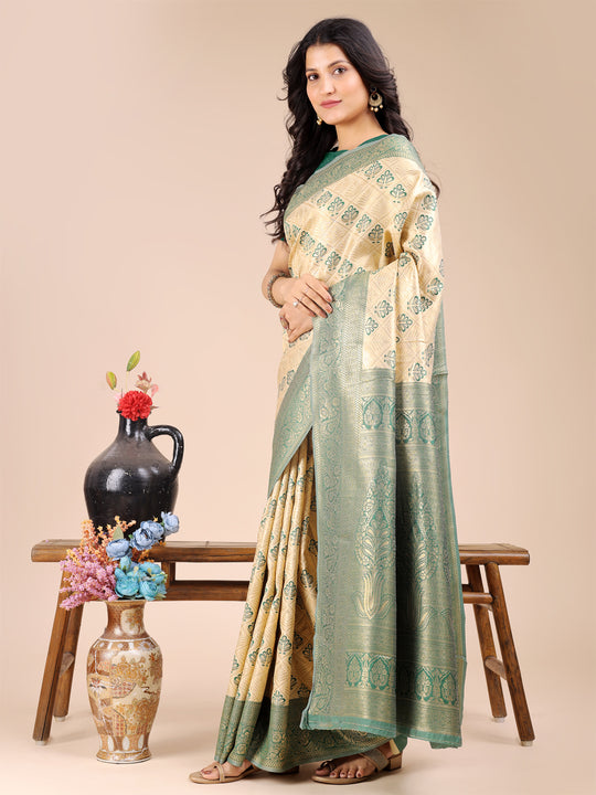 Cream & Green Banarasi Silk Saree With Blouse Piece