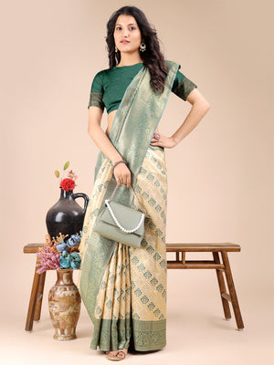 Cream & Green Banarasi Silk Saree With Blouse Piece