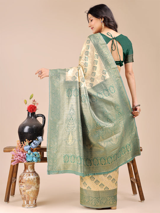 Cream & Green Banarasi Silk Saree With Blouse Piece