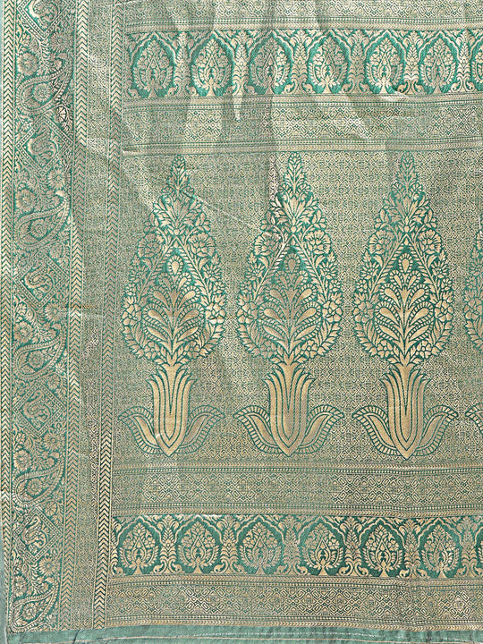 Cream & Green Banarasi Silk Saree With Blouse Piece