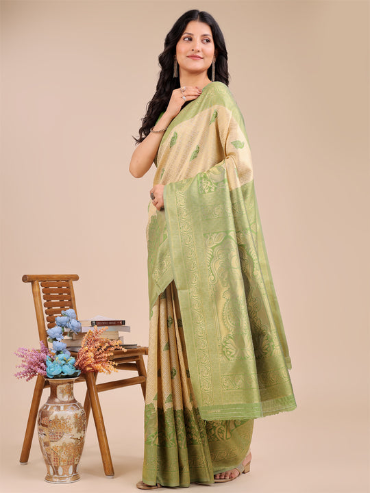 Cream & Light Green Banarasi Silk Saree With Blouse Piece