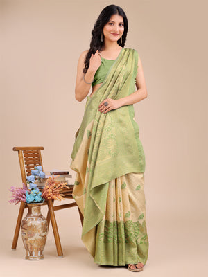 Cream & Light Green Banarasi Silk Saree With Blouse Piece