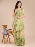 Cream & Light Green Banarasi Silk Saree With Blouse Piece