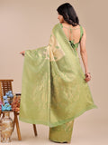 Cream & Light Green Banarasi Silk Saree With Blouse Piece