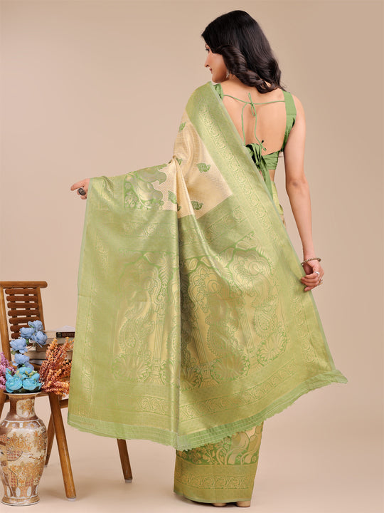 Cream & Light Green Banarasi Silk Saree With Blouse Piece