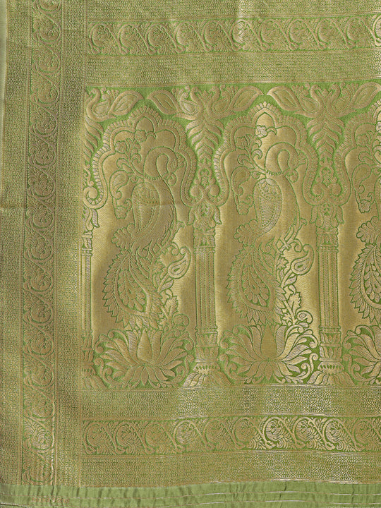 Cream & Light Green Banarasi Silk Saree With Blouse Piece