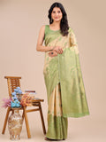Cream & Light Green Banarasi Silk Saree With Blouse Piece
