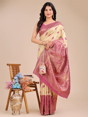 Cream & Magenta Banarasi Silk Saree With Blouse Piece