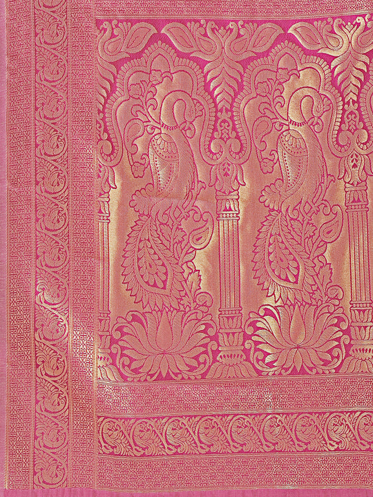 Cream & Magenta Banarasi Silk Saree With Blouse Piece