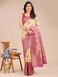 Cream & Magenta Banarasi Silk Saree With Blouse Piece