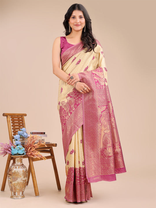 Cream & Magenta Banarasi Silk Saree With Blouse Piece