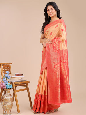 Cream & Red Banarasi Silk Saree With Blouse Piece