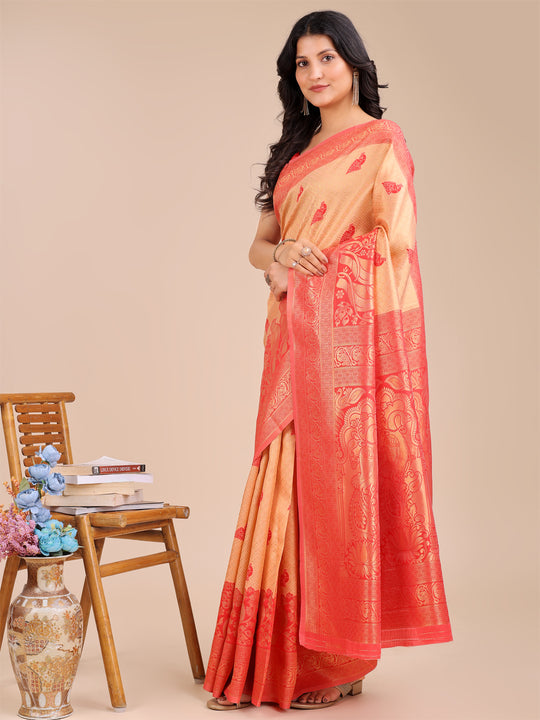 Cream & Red Banarasi Silk Saree With Blouse Piece