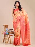 Cream & Red Banarasi Silk Saree With Blouse Piece